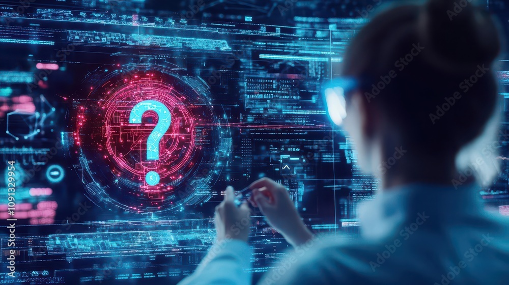 Aufkleber a scientist analyzing a question mark on a holographic screen, cool blues and purples, aiinspired in