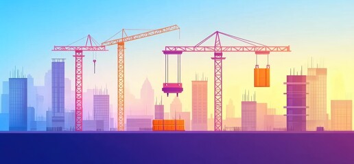 Obraz premium A colorful illustration shows cranes lifting construction materials in the background