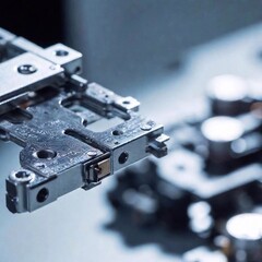 Aerial shot of a robotic arm assembling delicate components, captured in extreme macro with soft focus. The photo highlights the precision and technology involved, with metallic parts and tiny circuit