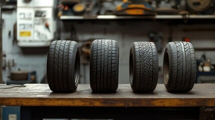 Three car tires of different dimensions arranged side by side on a rustic wooden table in a workshop setting.