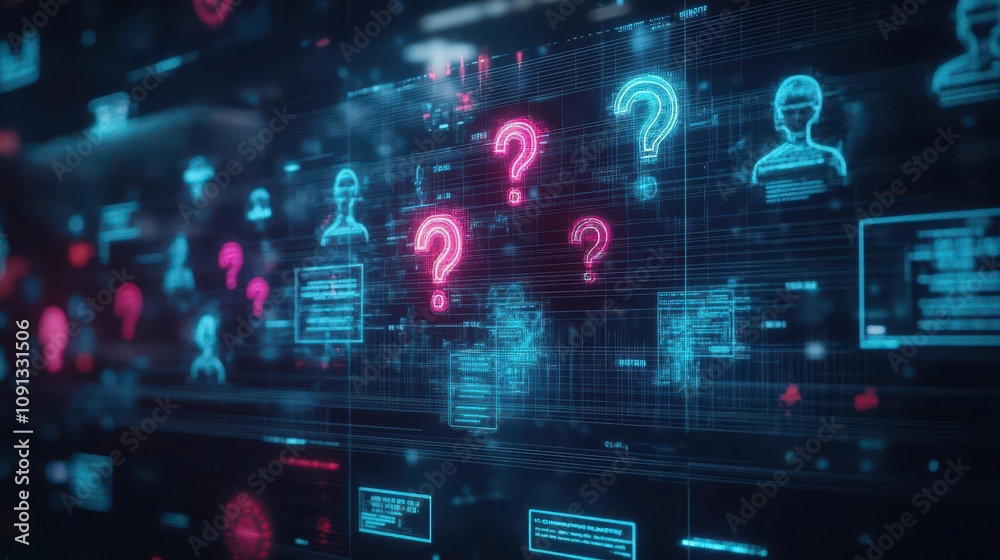 Poster a futuristic holographic display showing a group brainstorming, questions hovering in neon, scifi at
