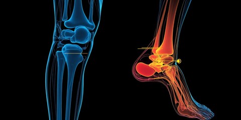 Detailed Knee Joint Illustration with Pain Points in Blue and Orange, Vibrant Red Focal Gradient, Yellow CR Symbol Near Foot on Black Background