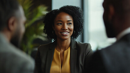 Obraz premium A business executive provides thoughtful guidance to team members during a focused discussion in the boardroom.