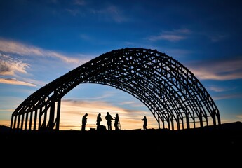 Obraz premium A silhouette of workers building steel scaffolding around an industrial structure