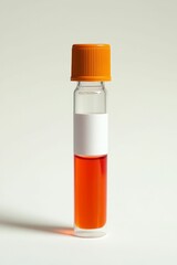 Orange-capped vial; orange liquid; blank label.