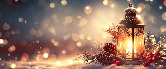 A vintage lantern with pine cones and holly berries placed on snow, creating an enchanting winter scene for a Christmas and New Year's background, perfect for holiday card designs, social media banner