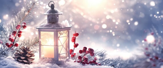 A vintage lantern with glowing candlelight casting soft shadows on snow-covered branches and berries, soft hue, ideal for festive holiday card designs, New Year greeting banners, winter invitation