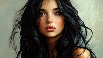 Fototapeta premium Portrait of a woman with lush, long black hair and captivating features, exuding elegance and allure with a soft, natural makeup look