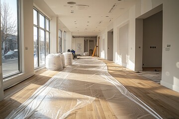 Sunlit Hallway Undergoing Interior Renovation and Flooring Installation