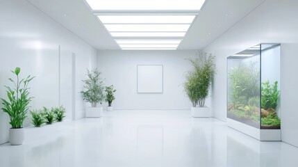 Obraz premium Minimalist office interior with bright white walls, sleek flooring, an aquarium, and potted plants creating a serene and open atmosphere.
