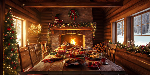 A rustic wooden cabin decorated with festive garlands, a crackling fireplace, a table overflowing with traditional Christmas food, warm golden light, snow visible through frosted windows