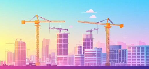 Obraz premium colorful flat illustration of the construction site with cranes and buildings, city skyline in the background
