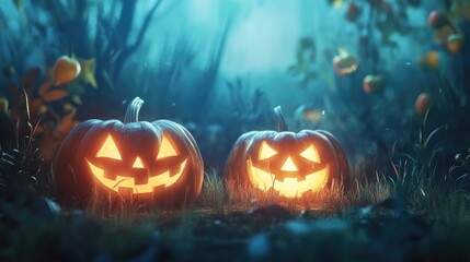 Obraz premium Spooky Halloween illustration showcasing glowing carved pumpkins in a misty environment, surrounded by lush greenery and a mystical atmosphere.