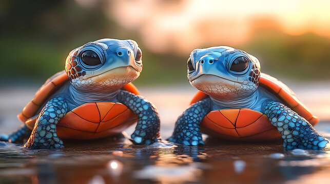 Adorable Baby Turtles in a Sunny Day by the Water, Close-Up View of Their Big Eyes and Orange Shells