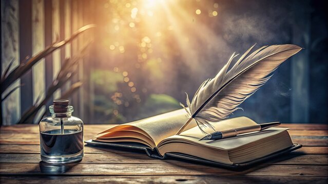 Surreal Minimalist Journaling Essentials: A Dreamy Workspace with Open Journal, Quill, Ink, and Soft Light