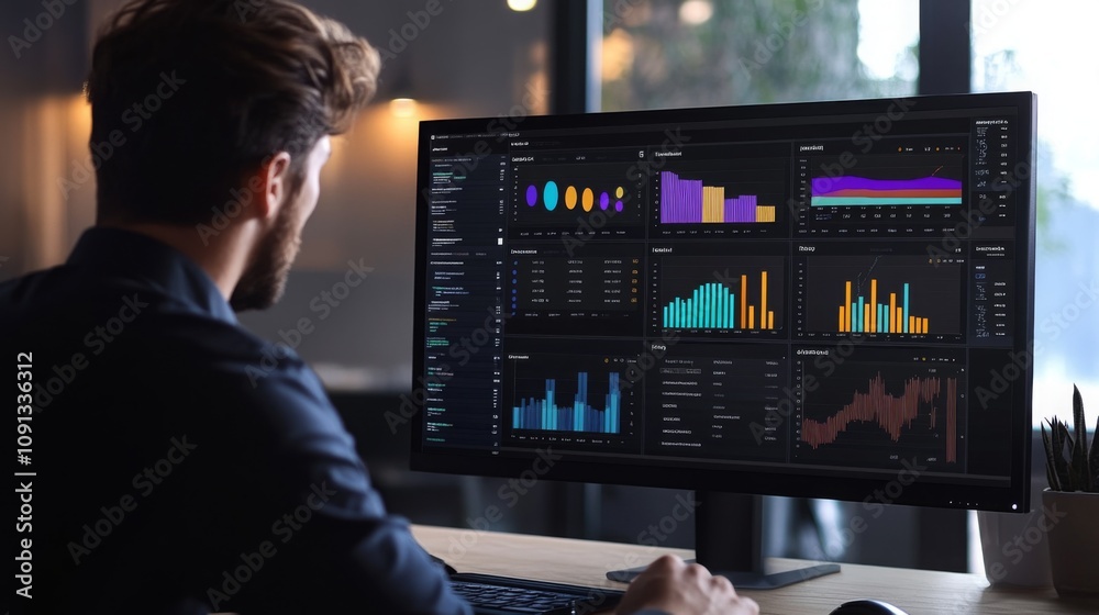 Poster A focused professional analyzes detailed performance metrics displayed on a large screen in a well-lit office. Colorful graphs and charts provide insights into various data trends and statistics.