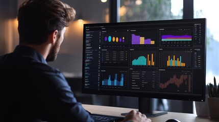 A focused professional analyzes detailed performance metrics displayed on a large screen in a well-lit office. Colorful graphs and charts provide insights into various data trends and statistics.