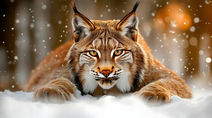Fototapeta premium A Wild Lynx with Sharp Eyes Looking Directly at the Camera, Sitting on the Snow in a Winter Forest, With Snow Falling Around It