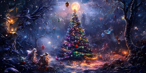 A towering Christmas tree in a glowing enchanted forest, surrounded by mythical creatures like fairies and elves, vibrant ornaments made of crystals, moonlight illuminating the scene