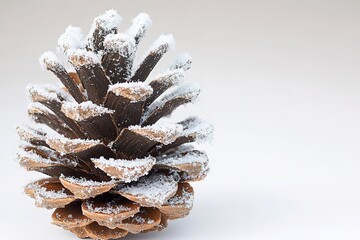 Frosted pine cone on white background, winter theme