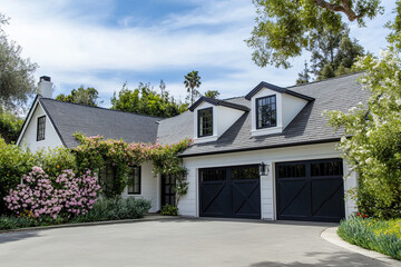  Cozy modern farmhouse, a two-story single-family home in Beverly Hills. It features black accents and roof shingles, white walls with dark windows, and a garage door on one side of the house.