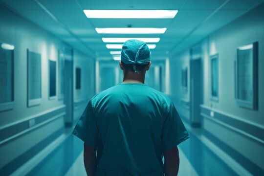 Doctor Walking Hospital Corridor - National Doctors Day concept. Male doctor in scrubs walks down a hospital hallway, symbolizing dedication, healing, hope, and medical care. - Powered by Adobe