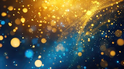 Golden and blue abstract fireworks backdrop with shimmering bokeh effects, ideal for holiday celebrations featuring generous copy space.