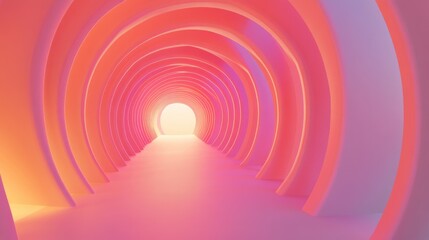 Naklejka premium Futuristic 3D-rendered corridor showcasing a vibrant stretch of arcs in soft pink and orange hues, illuminated by a bright light at the end, ideal for space station or spaceship concepts, design, sci-
