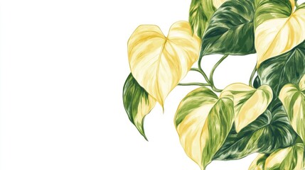 Obraz premium Tropical Philodendron Hederaceum Scandens with vibrant yellow-striped leaves on a white background showcasing its lush, heart-shaped foliage.