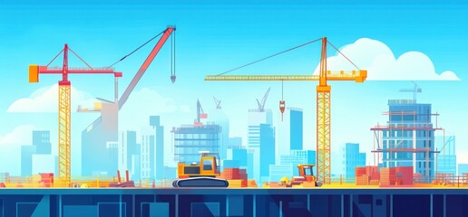 Obraz premium colorful flat illustration of the construction site with cranes and buildings, city skyline in the background