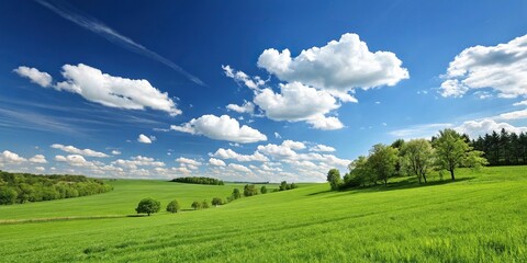 Naklejka premium A serene and idyllic scene of a lush green meadow with a clear blue sky and fluffy white clouds, cloud formations, sunny day, wildflowers