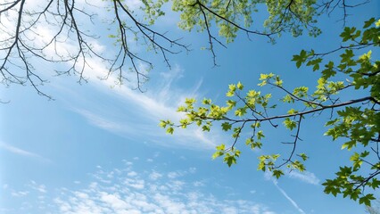 Fototapeta premium A serene blue sky with a few wispy clouds and a sprinkling of new leaves, outdoors, wispy clouds, new leaves, nature, spring