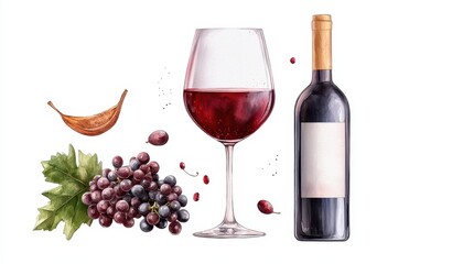 Obraz premium A glass of red wine, accompanied by grapes and a bottle, showcasing elegance.