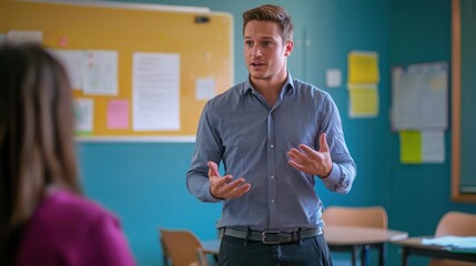 A teacher or mentor speaking to a student in a classroom, using persuasive body language to convince them of an important lesson