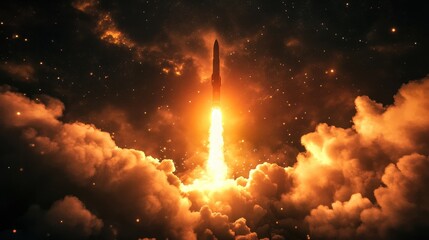 A rocket launches through clouds, illuminating the sky with fiery propulsion.