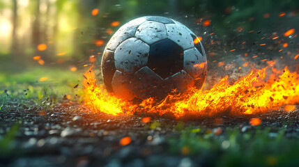 Naklejka premium Soccer Ball Blazing Across the Grass with Fire and Sparks