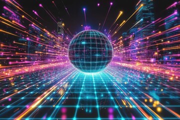 Obraz premium Futuristic Digital Landscape with Glowing Sphere and Vibrant Lines Representing Energy, Technology, and Innovation in a Modern City at Night