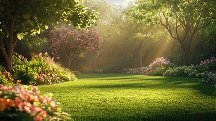 Obraz premium Lush green lawn surrounded by blooming flowers and trees, illuminated by summer sunlight, creating a tranquil garden space for relaxation and enjoyment.