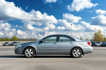 Obraz premium Professional Parked Car in Spacious Outdoor Parking Lot Under a Clear Sky with Vibrant Clouds