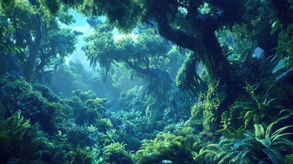 Obraz premium Lush tropical jungle featuring a rich tapestry of vibrant green and blue foliage, illuminated by soft ambient light and dense vegetation.
