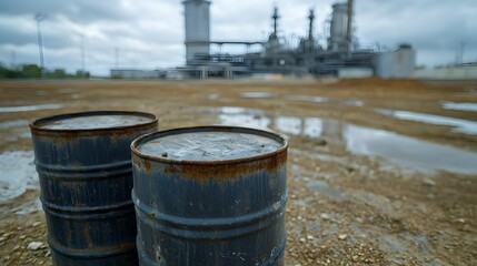 Naklejka premium Dented Oil Barrels in Gritty Industrial Landscape - Realistic Textures of an Oil Refinery Under Cloudy Skies Capturing the Heavy Atmosphere of Industrial Life