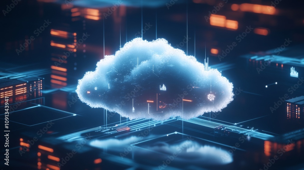 Fototapete a vibrant digital representation of a cloud computing network is showcased, featuring glowing data s
