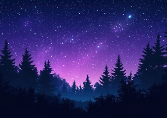 Fototapeta premium Starry sky, purple aurora in the night sky, silhouette of trees on hills