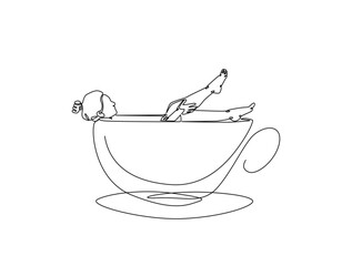 Continuous one line drawing of women taking bath in a coffee cup. Beautiful lady enjoying bathing as drinking caffeine beverage metaphor. Editable vector.