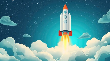 Fototapeta premium Rocket launching through fluffy clouds, symbolizing innovation and exploration in science, with a vibrant night sky filled with stars.