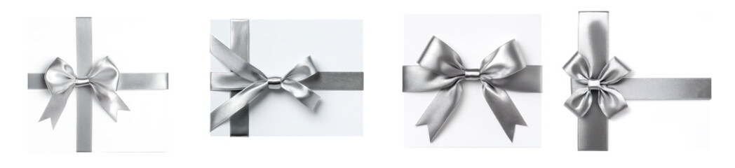 Empty blank gift voucher with silver ribbon and bow. Discount coupon mockup collection isolated on transparent background, PNG. Clipart template 