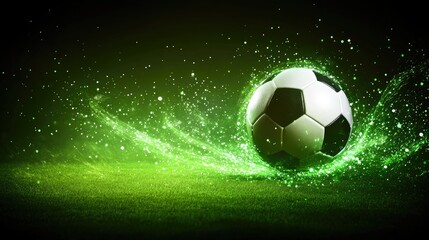Naklejka premium Soccer ball surrounded by vibrant green light and sparkling effects on an illuminated green backdrop, with space for text or branding.