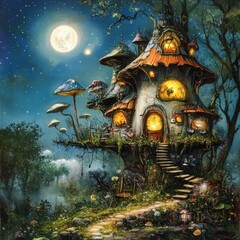 Fototapeta premium Enchanted mushroom house, moonlit forest path.