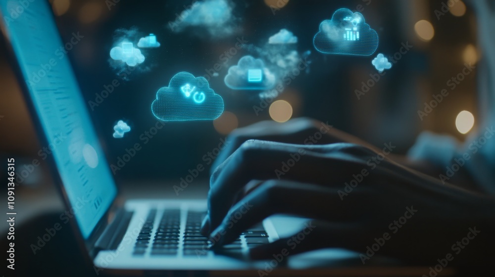 Leinwandbilder A person uses a laptop, with hands on the keyboard, while digital cloud icons representing data storage and transfer hover above.