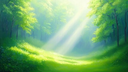 Obraz premium Lush Forest Retreat, a serene painting depicting vibrant greenery, tall trees, and soft sunlight filtering through leaves, creating a peaceful and inviting atmosphere.
